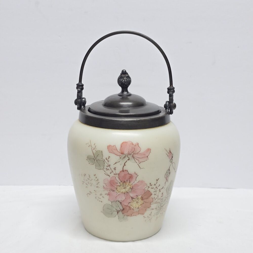 CROWN MILANO? Antique WHITE OPAL SATIN Floral GLASS BISCUIT JAR With Lid